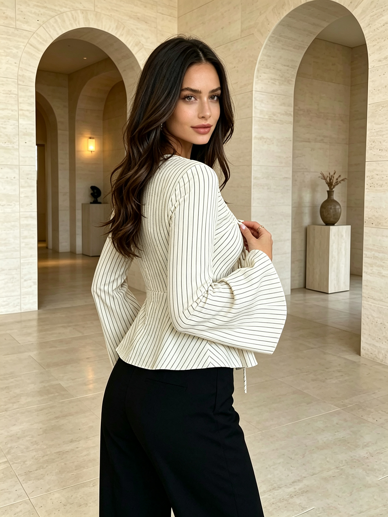 Off White Striped V Neck Top