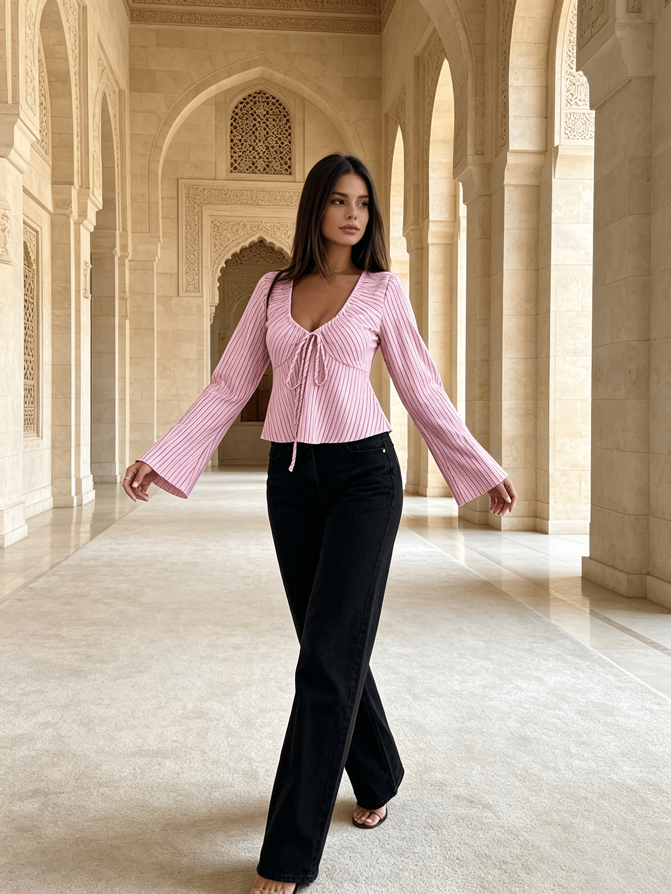 Pink Striped V Neck Top