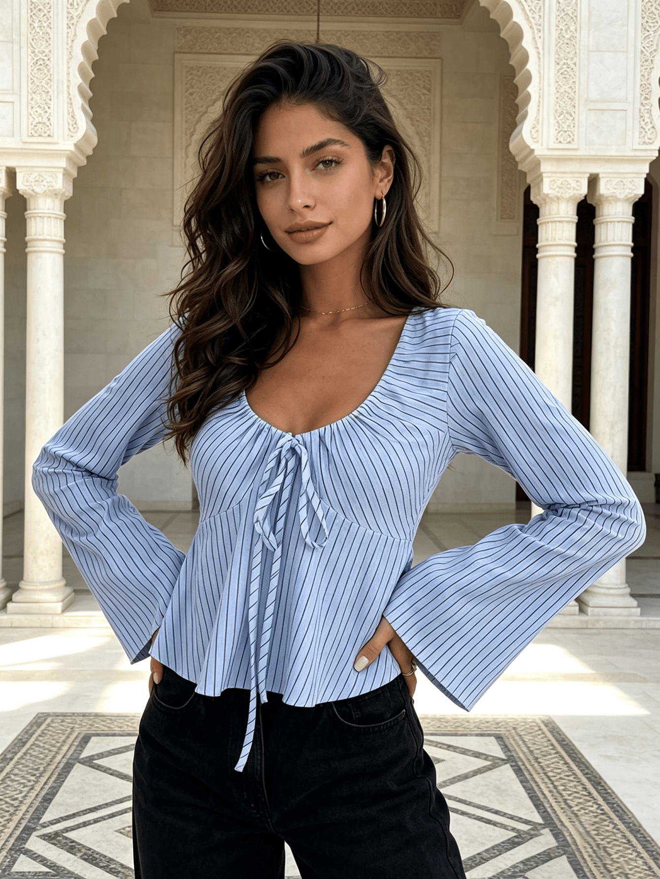 Light Blue Striped V Neck Top