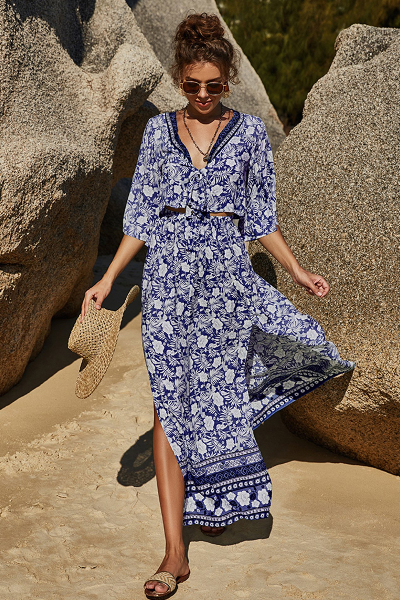 Dark Blue Printed V Neck Top and Skirt Set