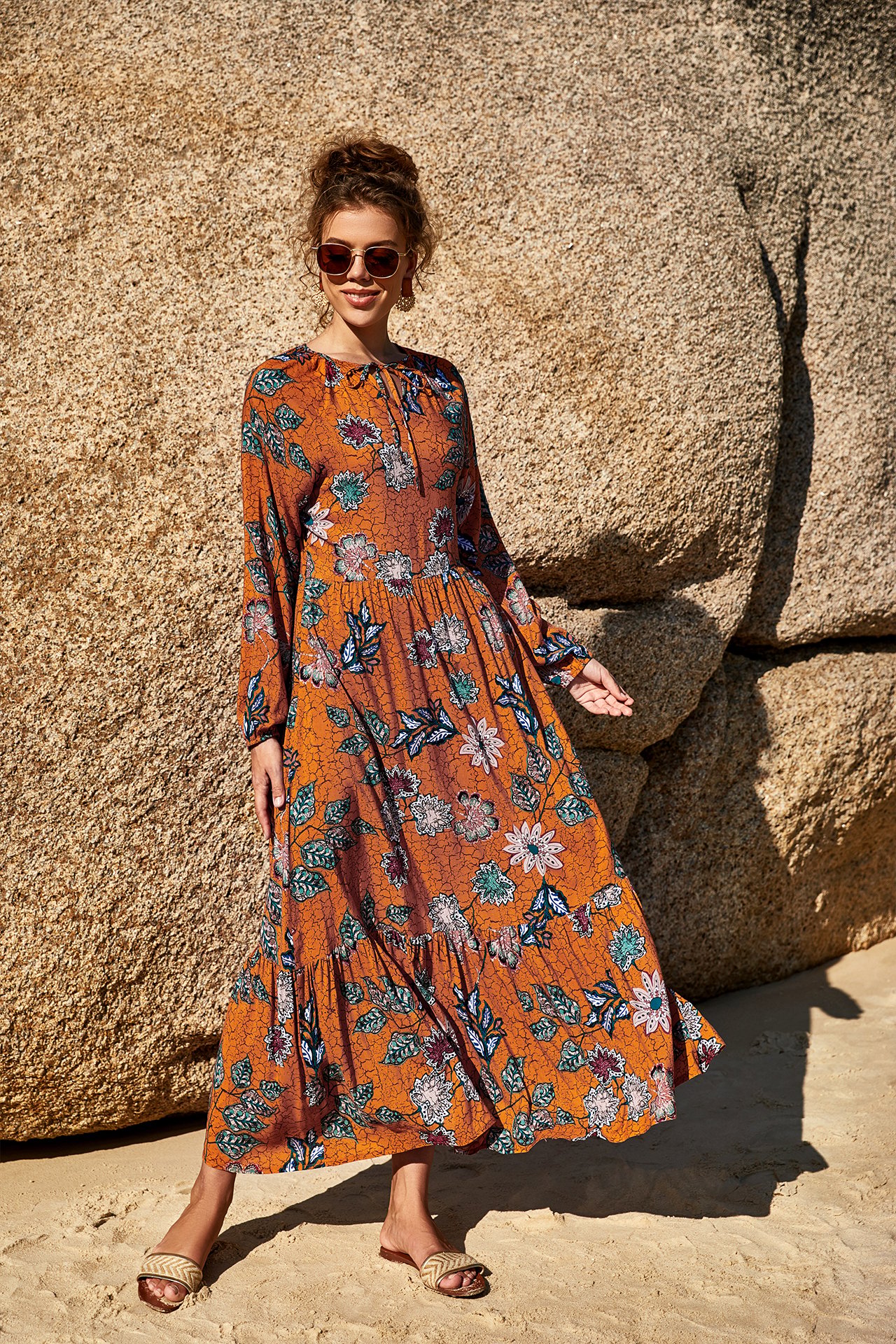Orange Solid Round Neck A-Line Ankle length Dress