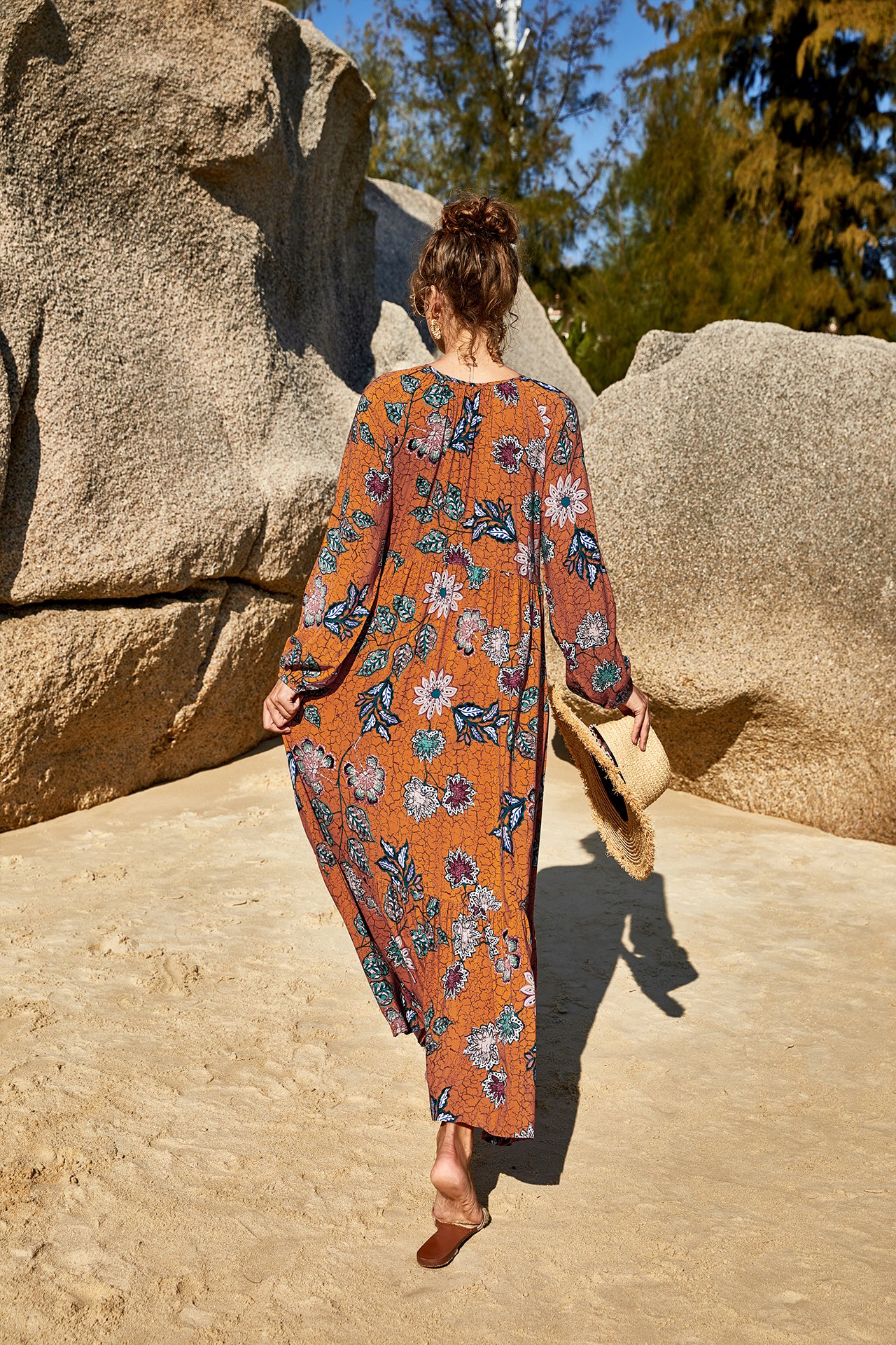 Orange Solid Round Neck A-Line Ankle length Dress
