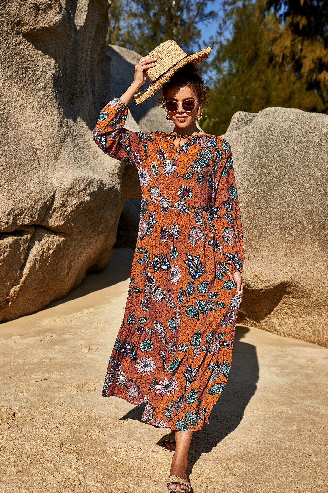 Orange Solid Round Neck A-Line Ankle length Dress