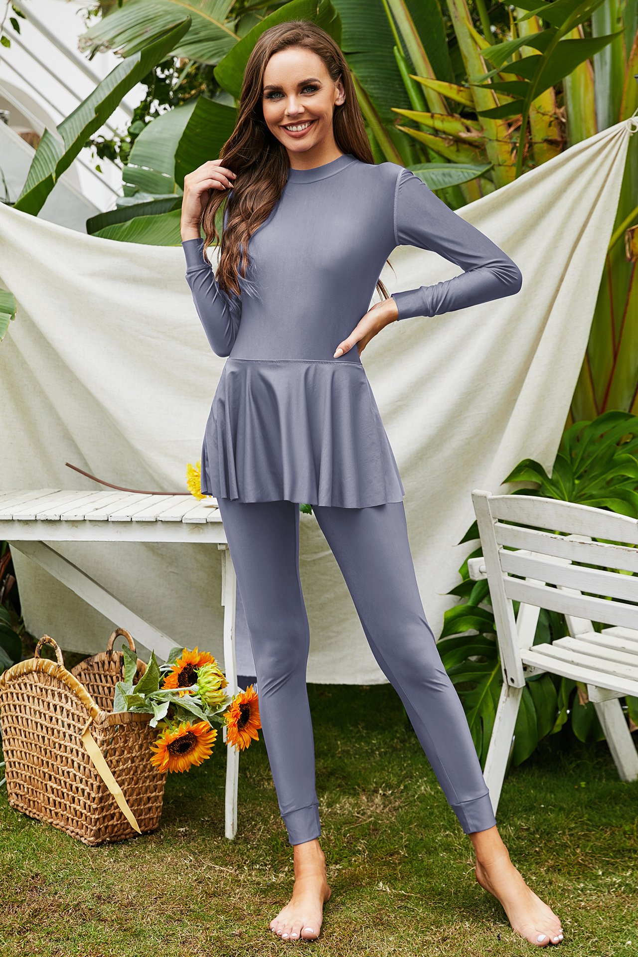 Grey Solid Burkini Swimsuit