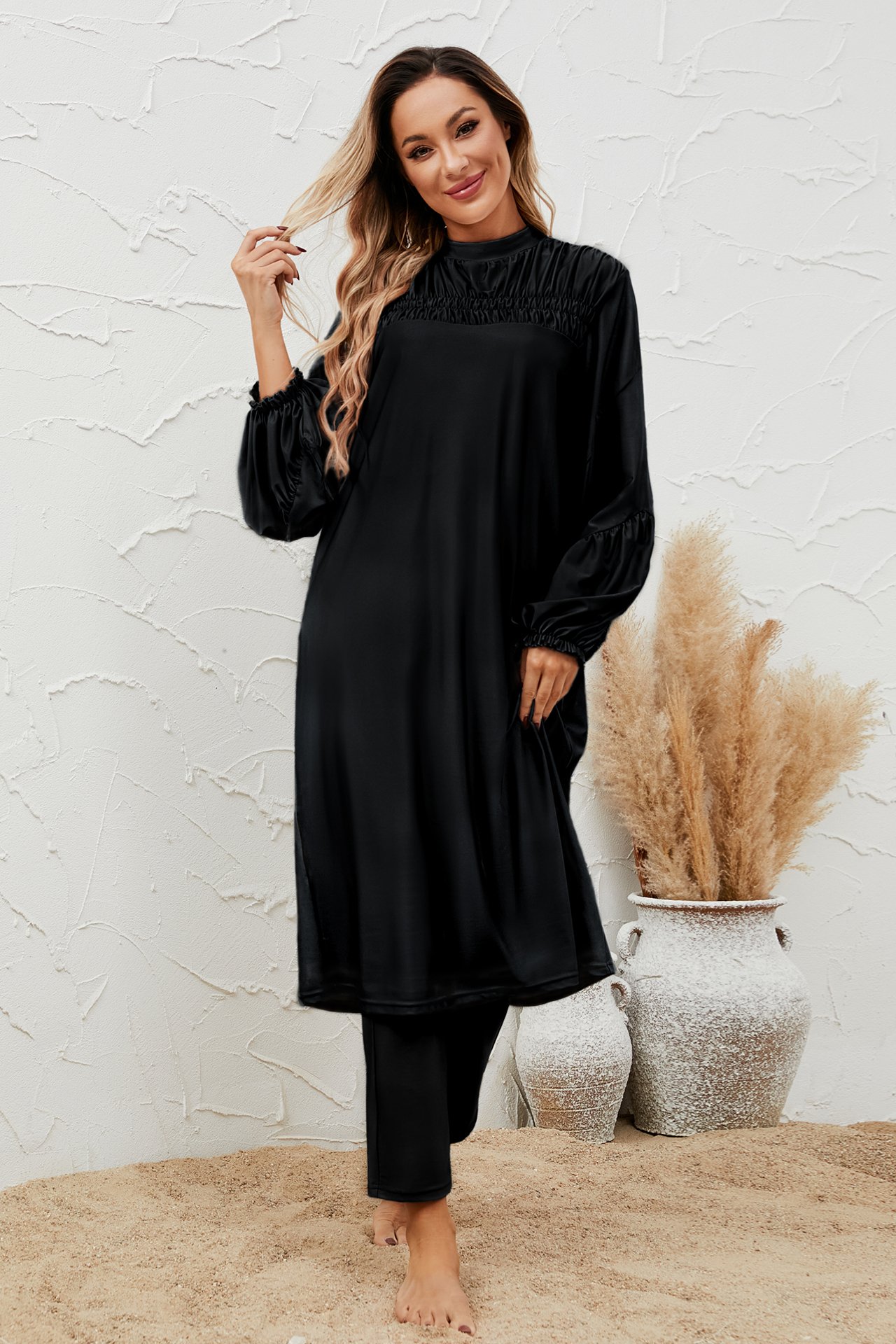 Black Solid Burkini Swimsuit