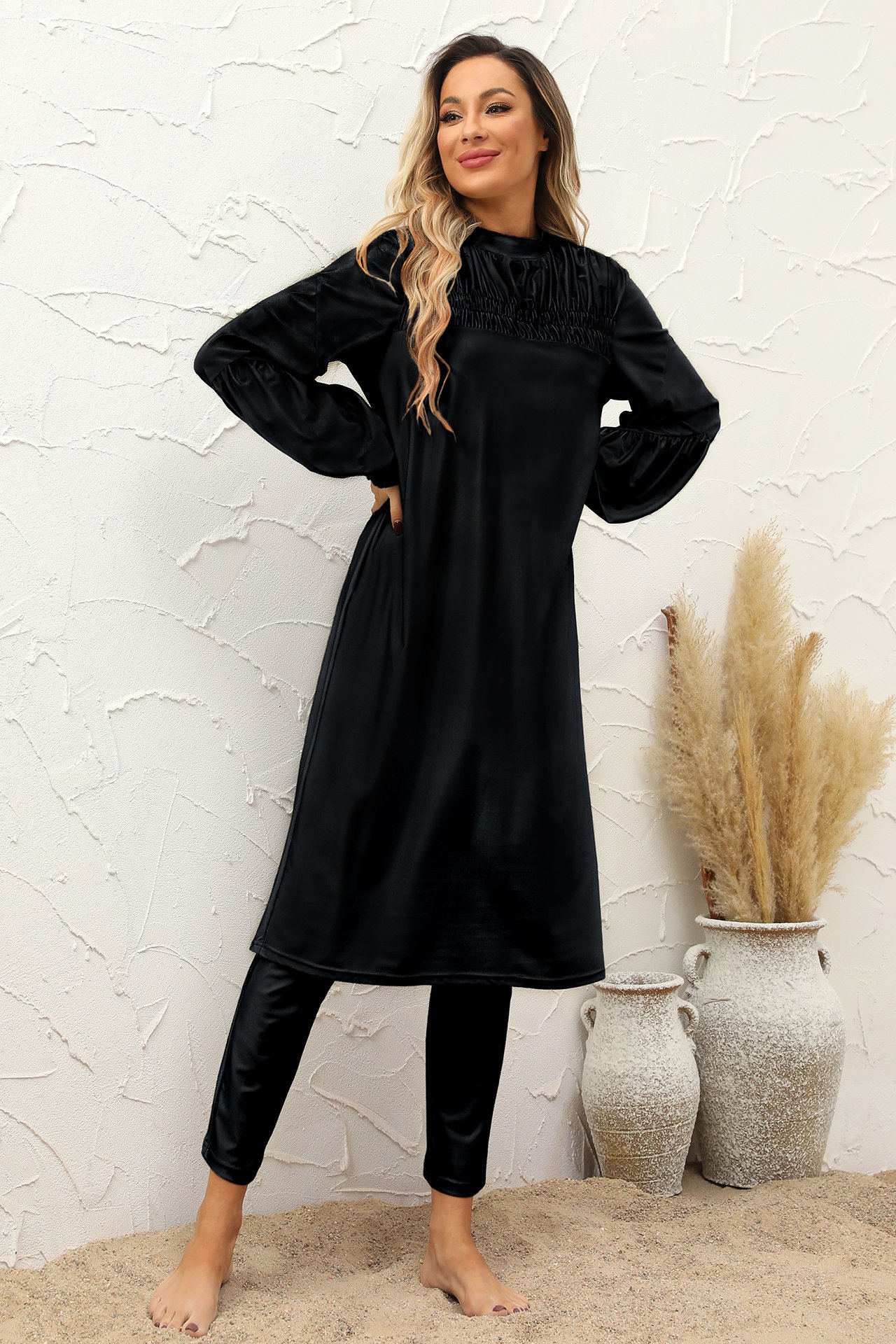 Black Solid Burkini Swimsuit