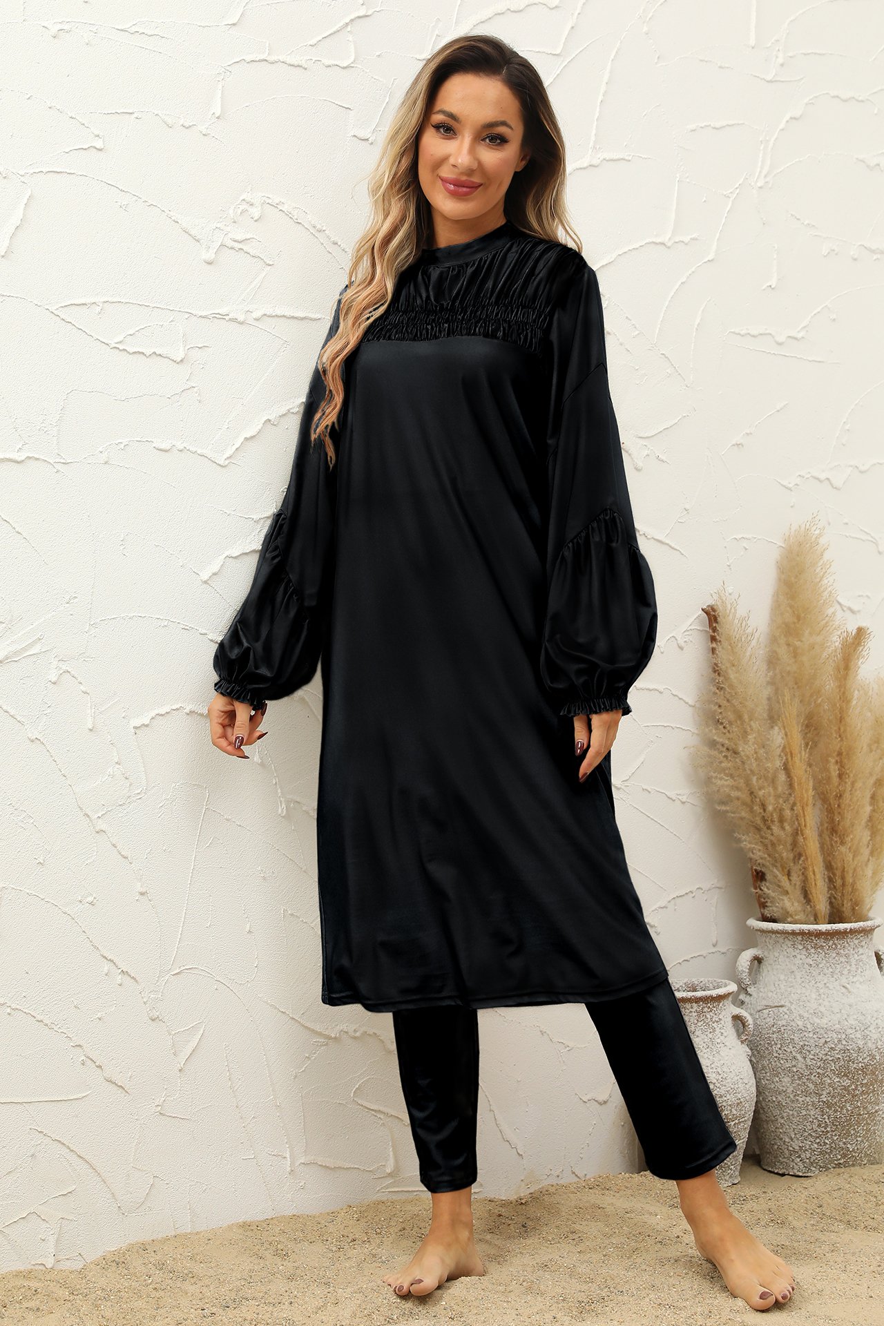 Black Solid Burkini Swimsuit