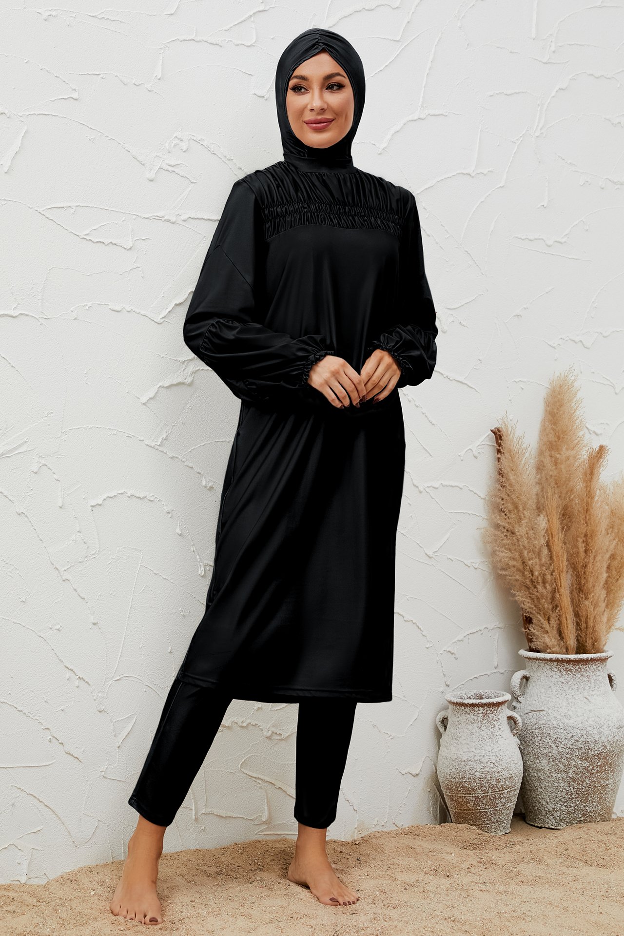 Black Solid Burkini Swimsuit