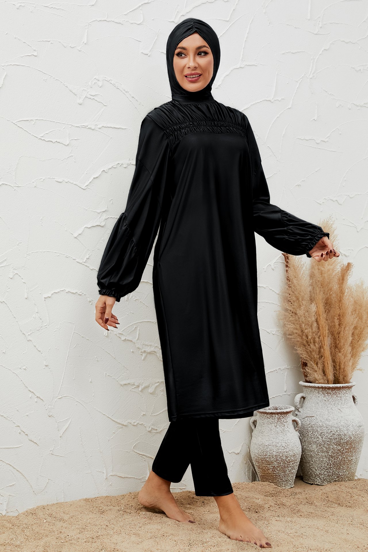 Black Solid Burkini Swimsuit