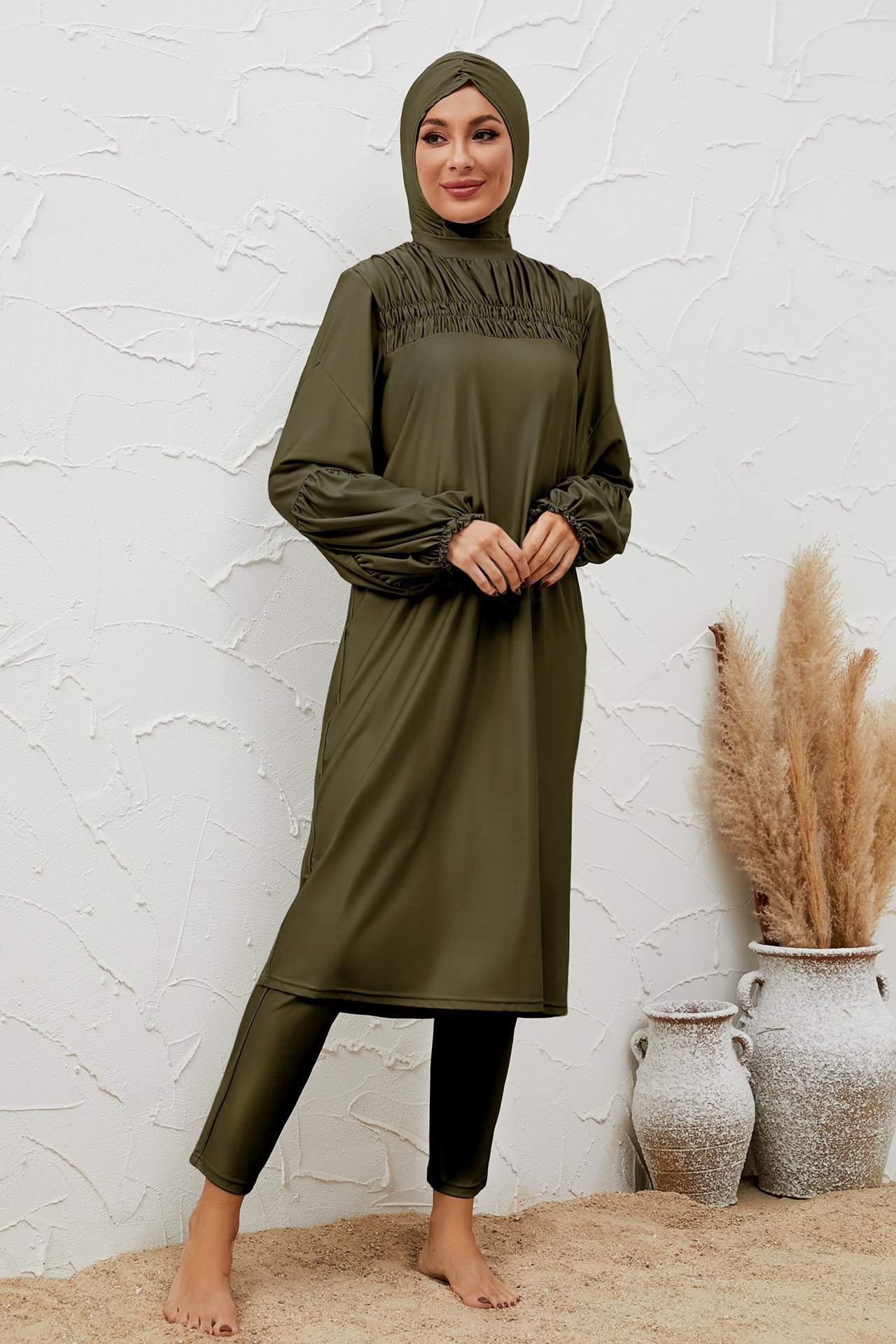 Olive Solid Burkini Swimsuit