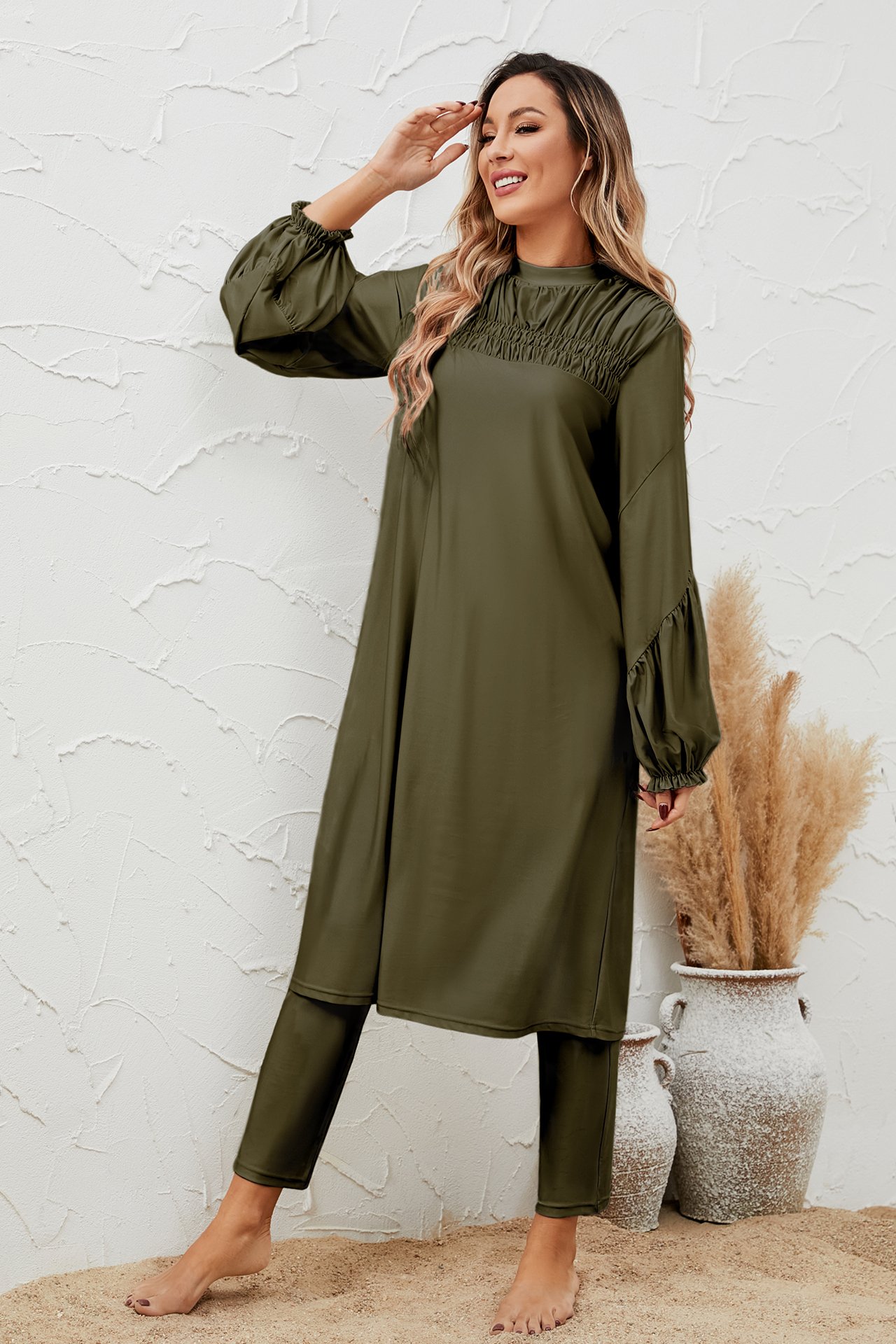 Olive Solid Burkini Swimsuit