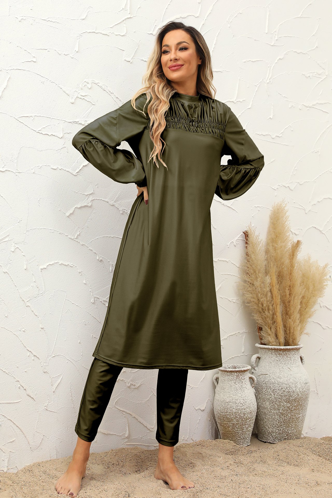 Olive Solid Burkini Swimsuit