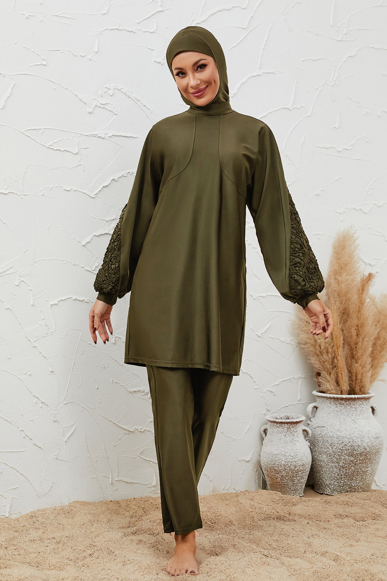 Olive Embroidered Burkini Swimsuit Set