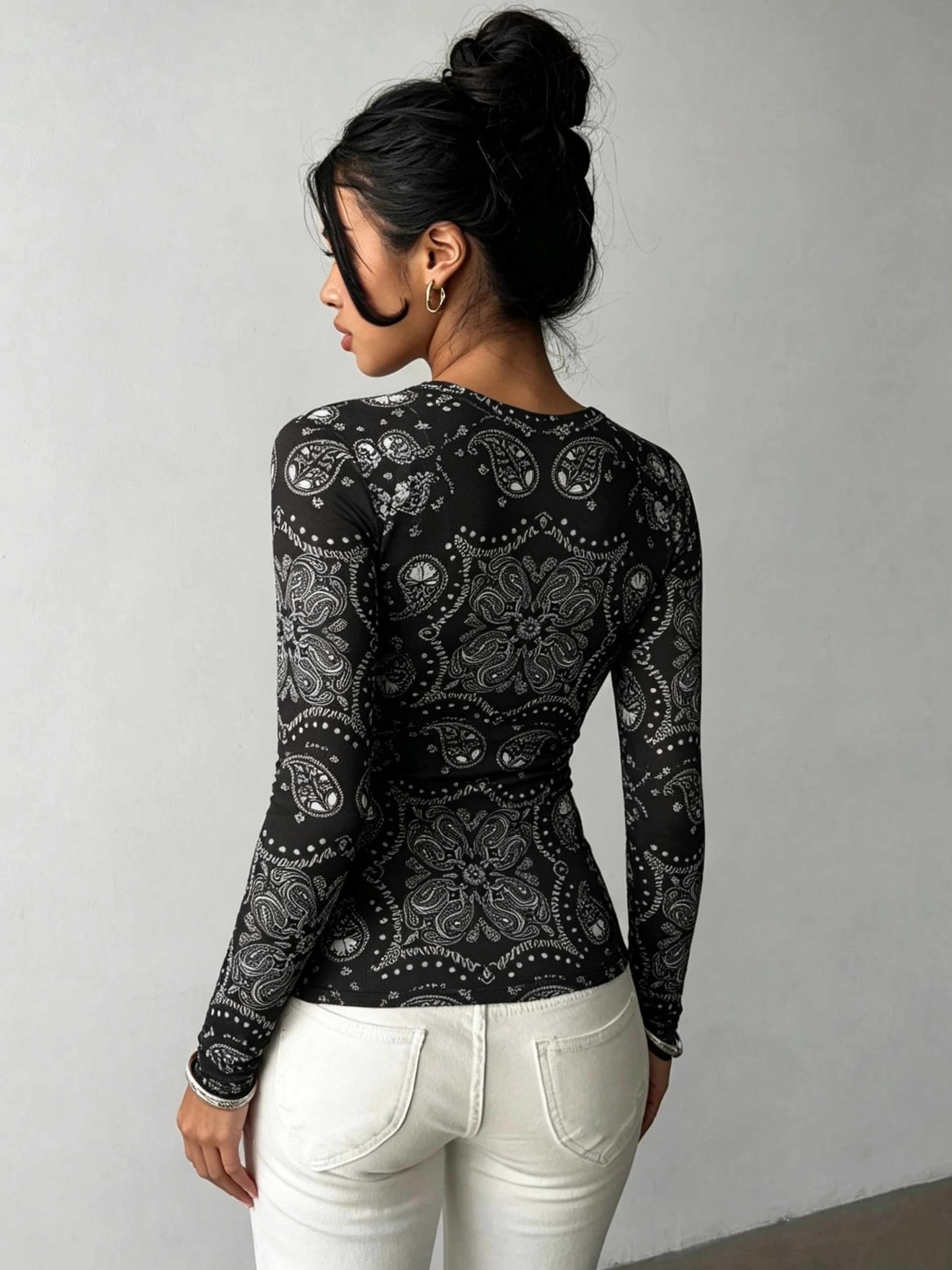 Black Printed Boat Neck Top