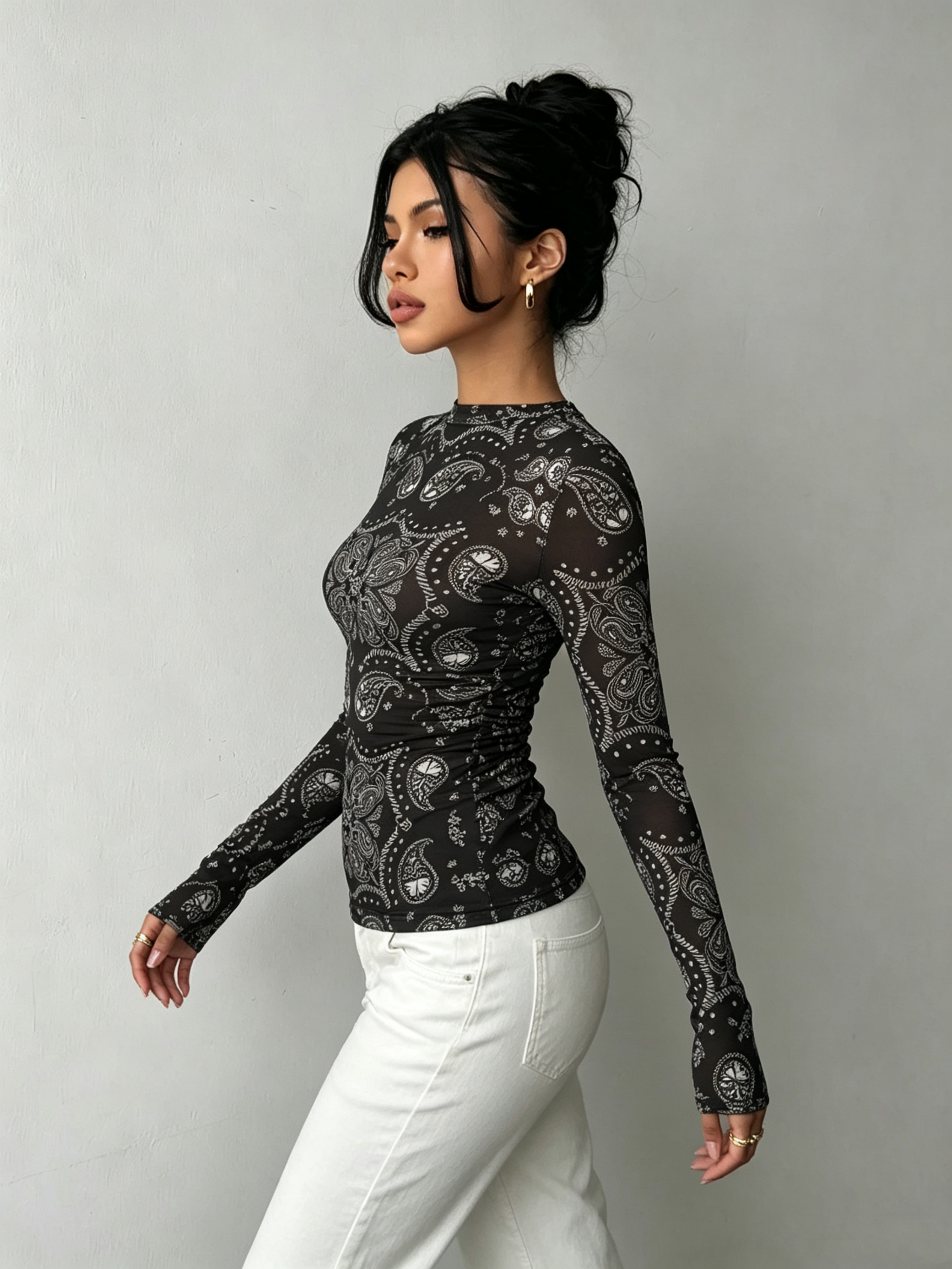 Black Printed Boat Neck Top