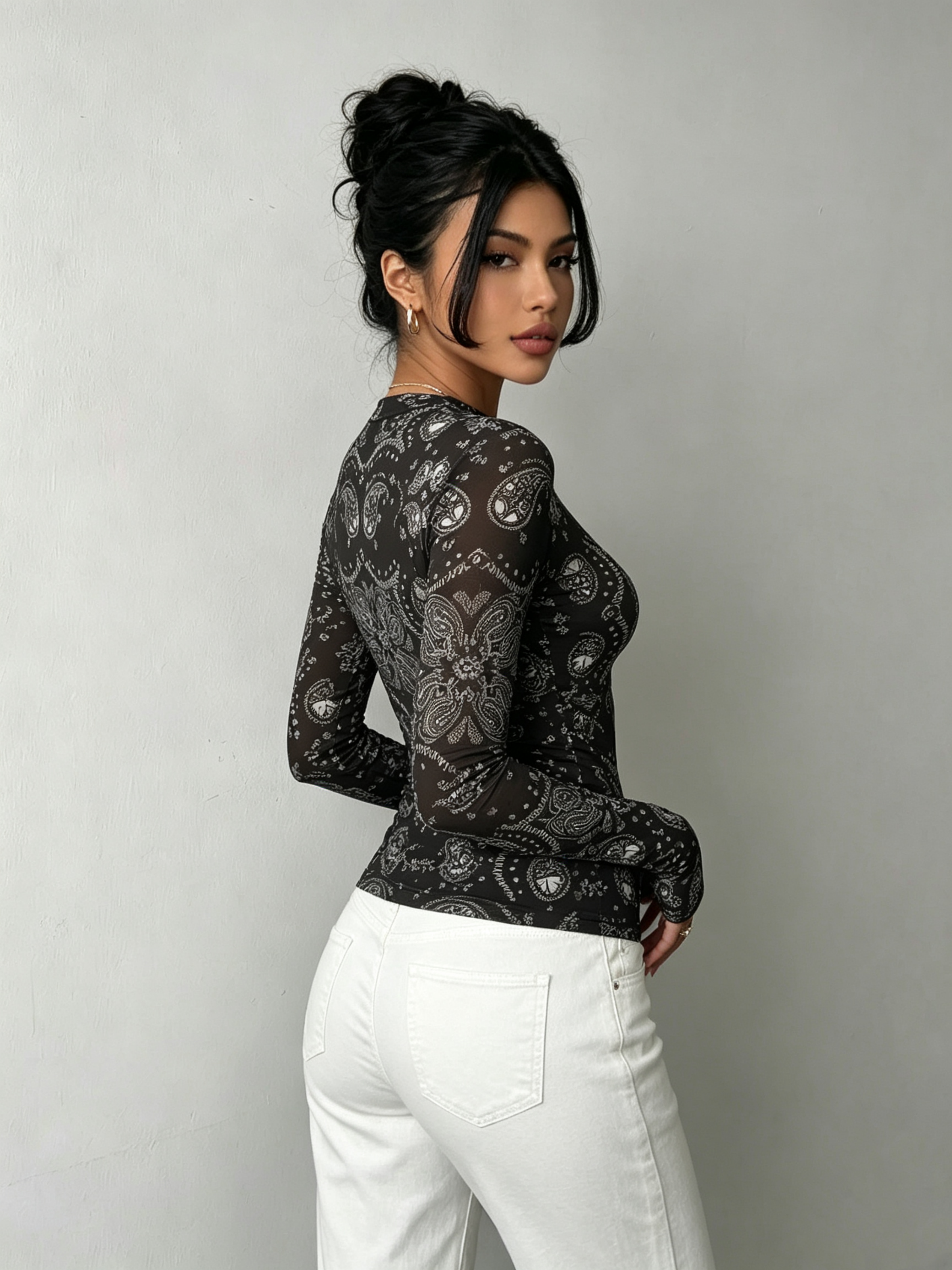 Black Printed Boat Neck Top
