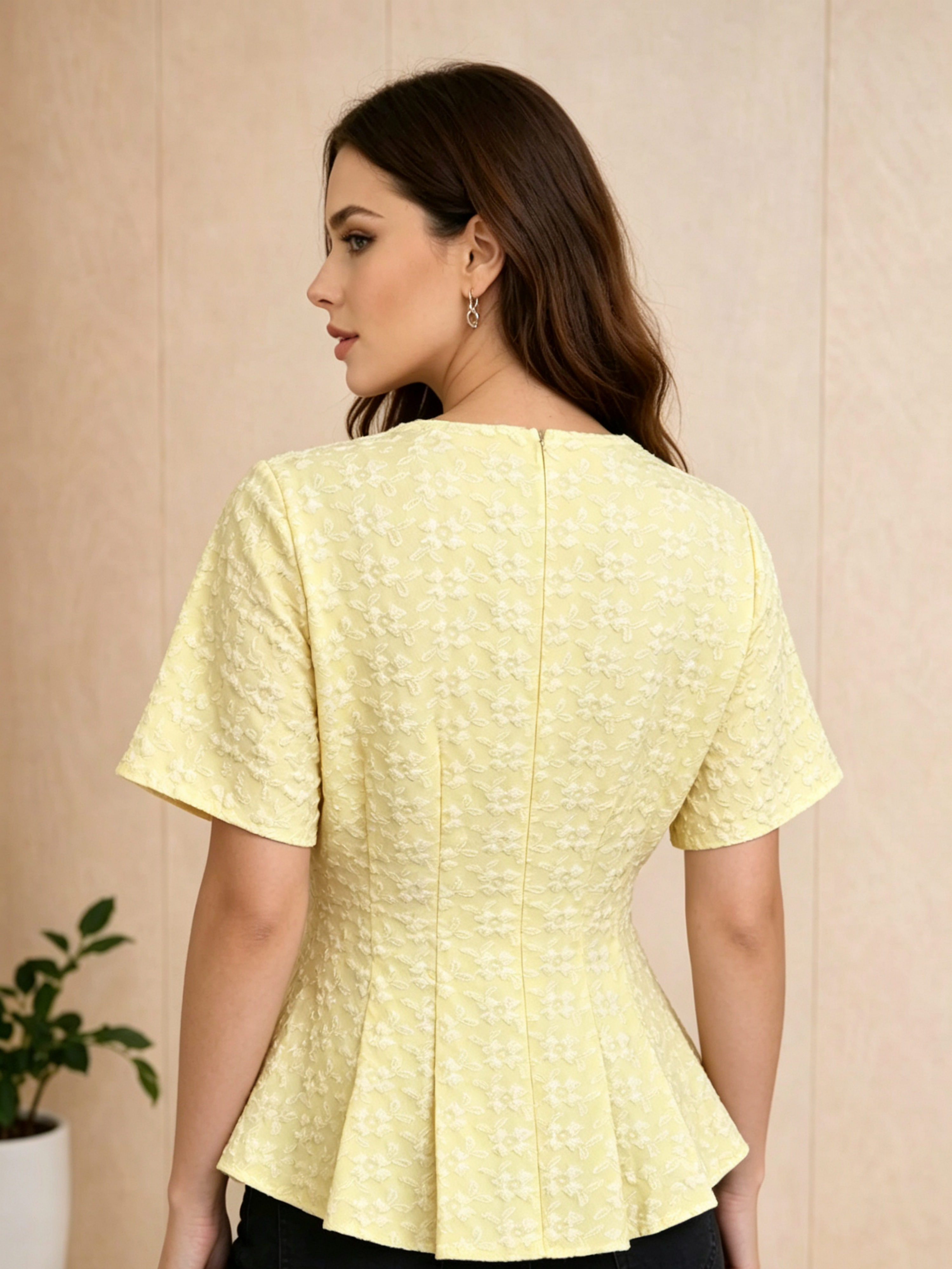 Yellow Embroidered Boat Neck Top