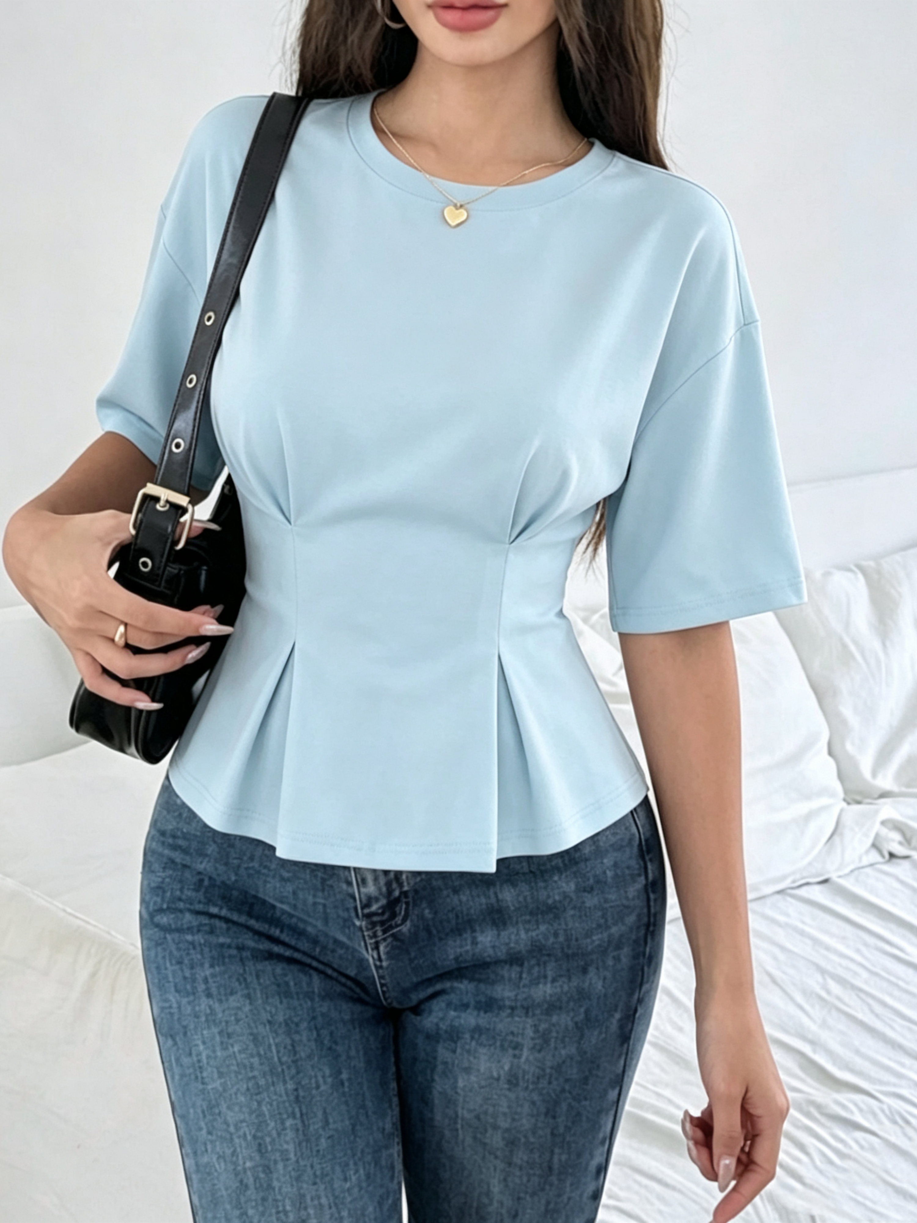 Light Blue Solid Round Neck Top