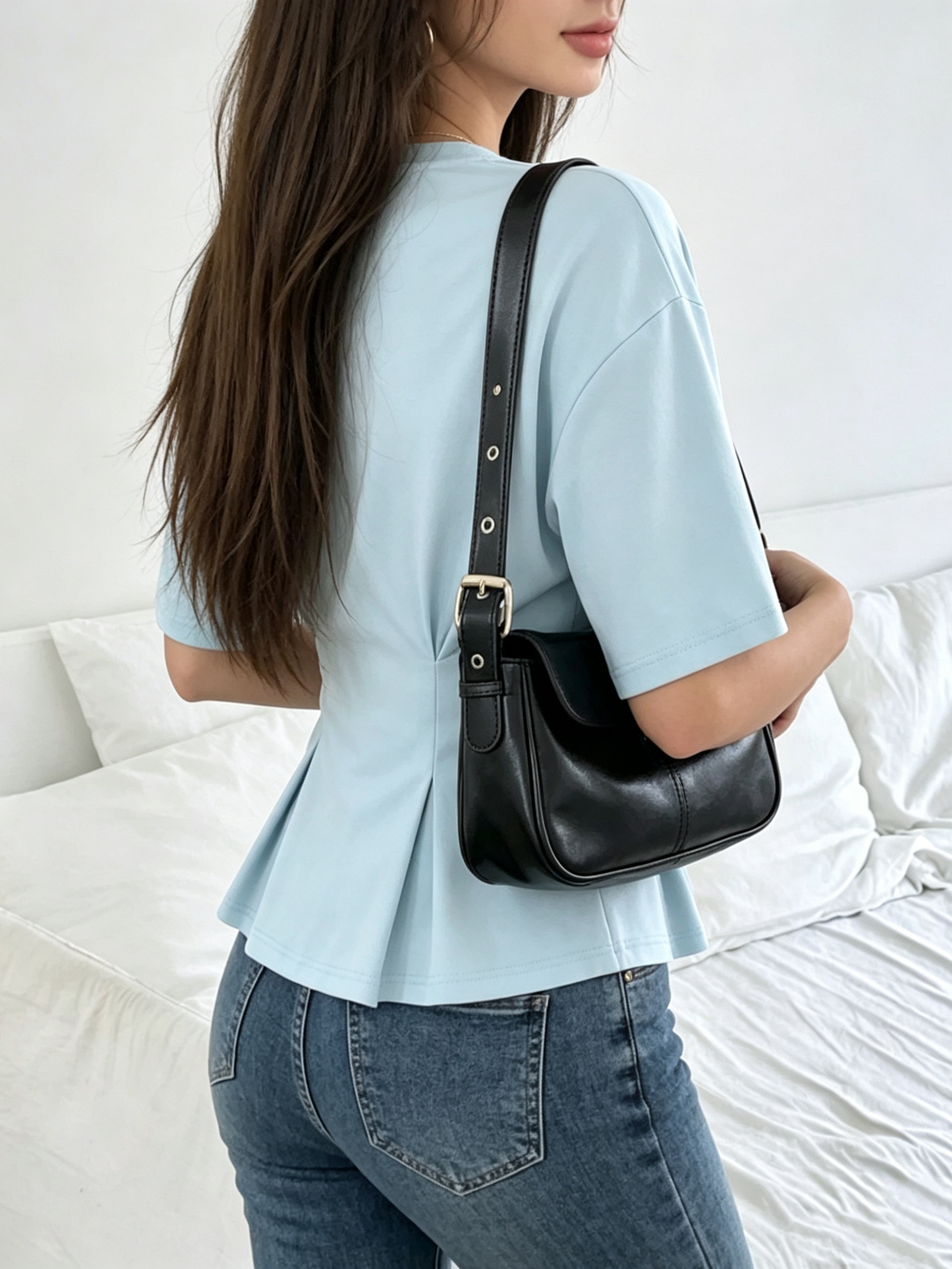 Light Blue Solid Round Neck Top