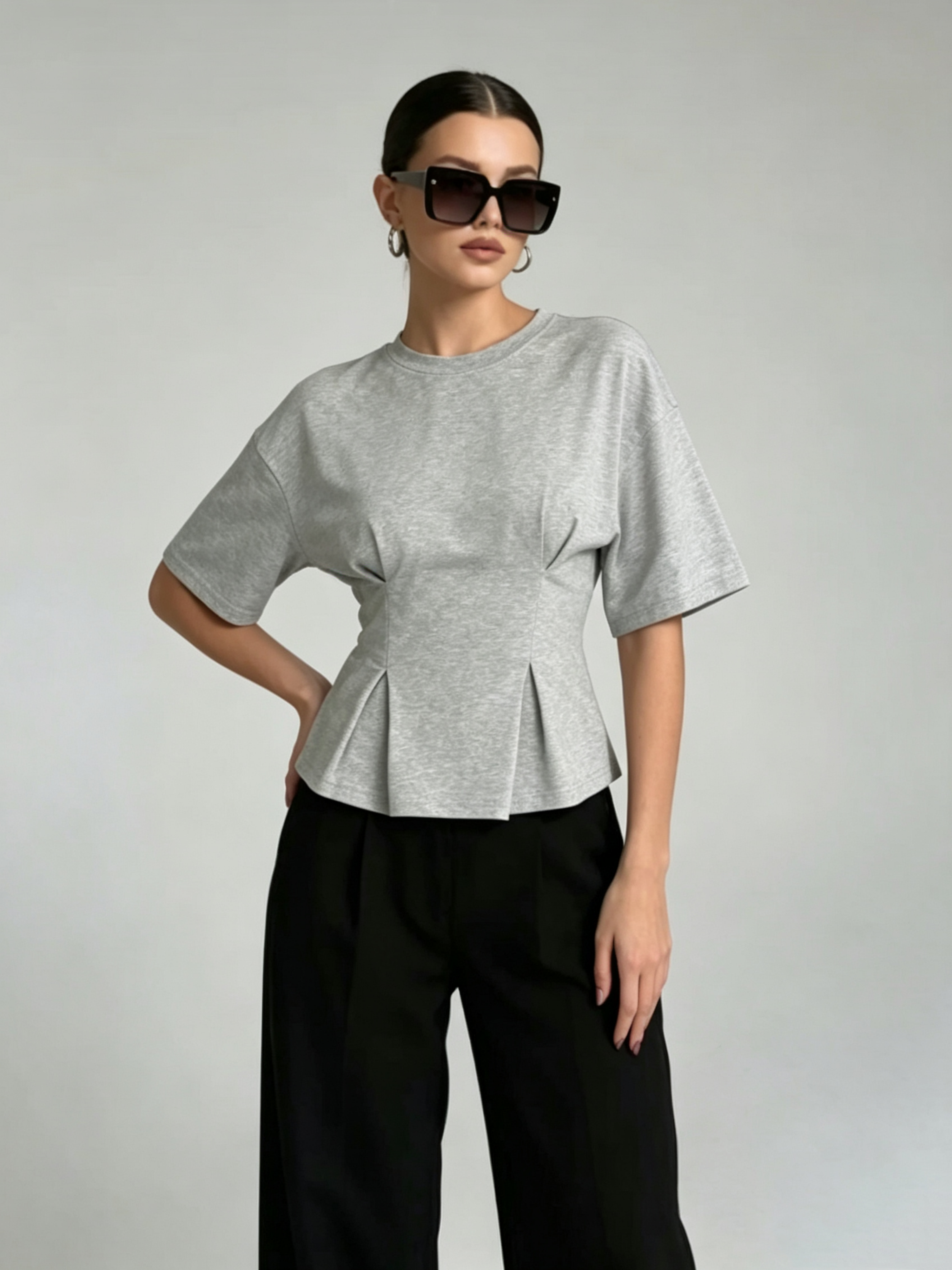 Grey Solid Round Neck Top