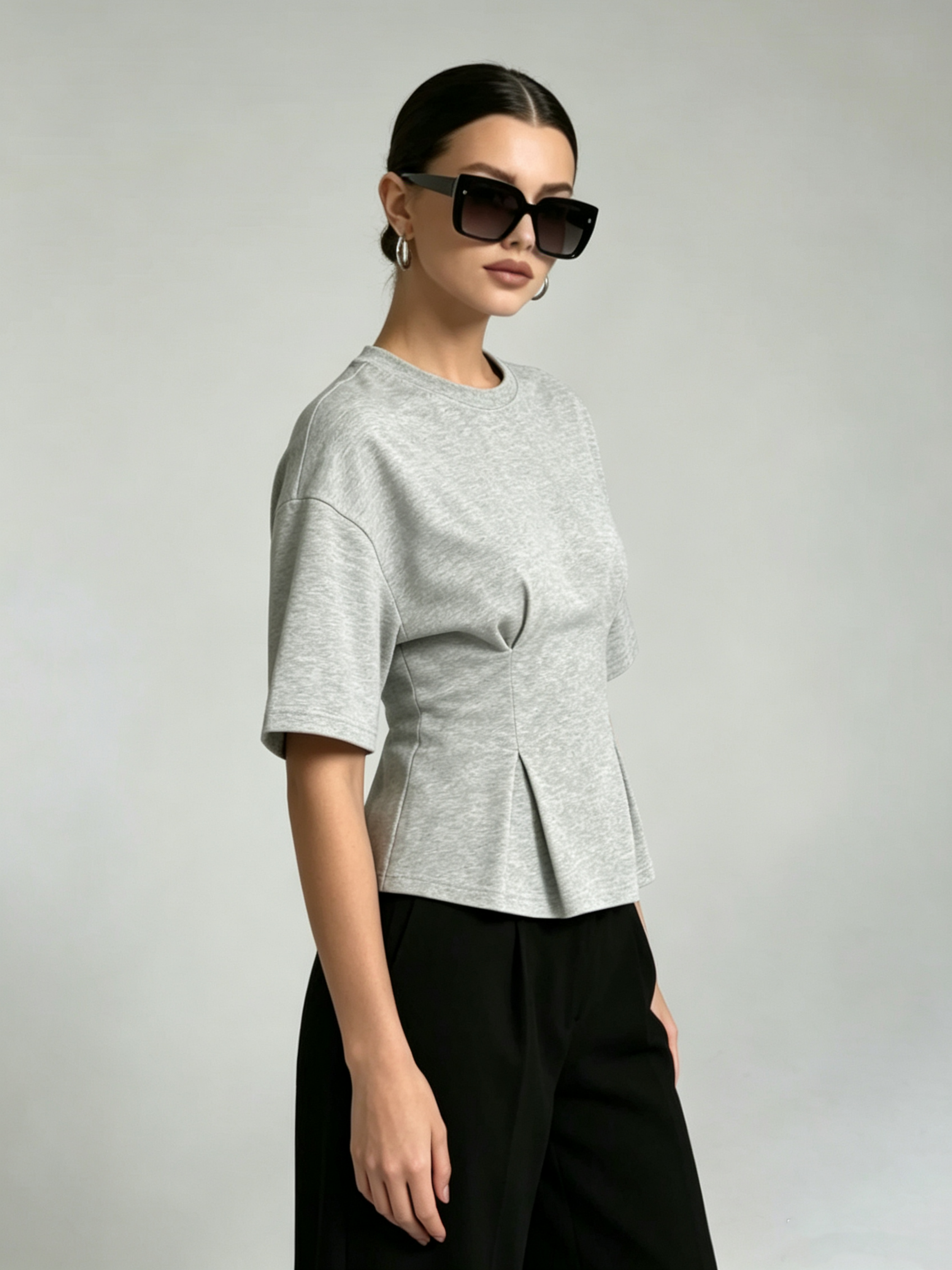 Grey Solid Round Neck Top