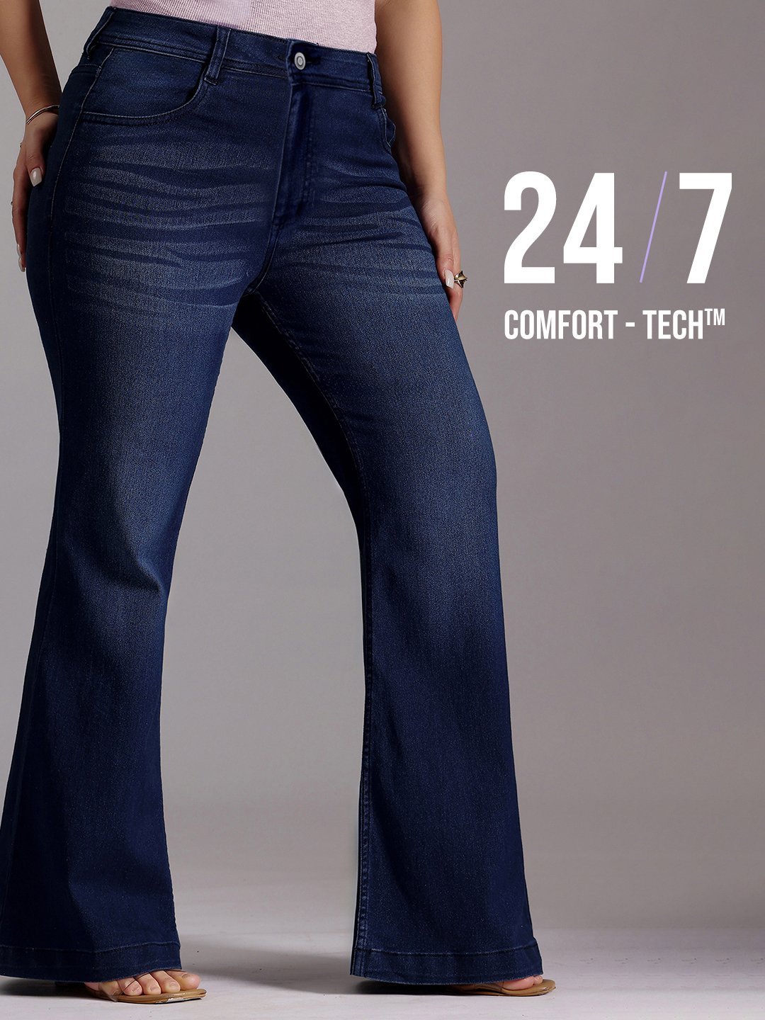 Dark Blue Mid Rise Wide Leg Jeans