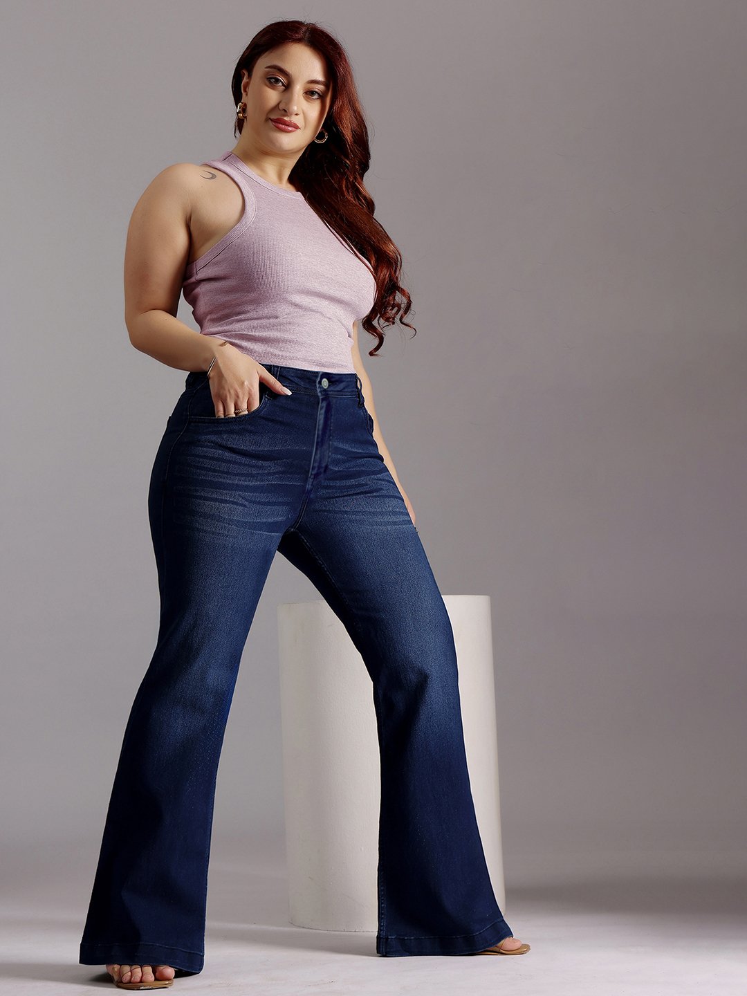 Dark Blue Mid Rise Wide Leg Jeans