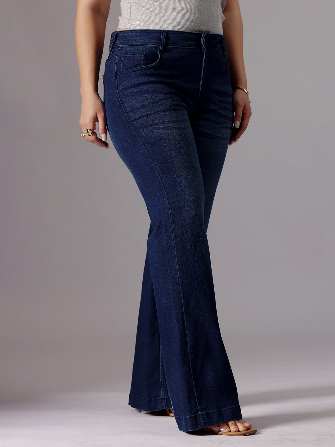 Dark Blue Mid Rise Wide Leg Jeans