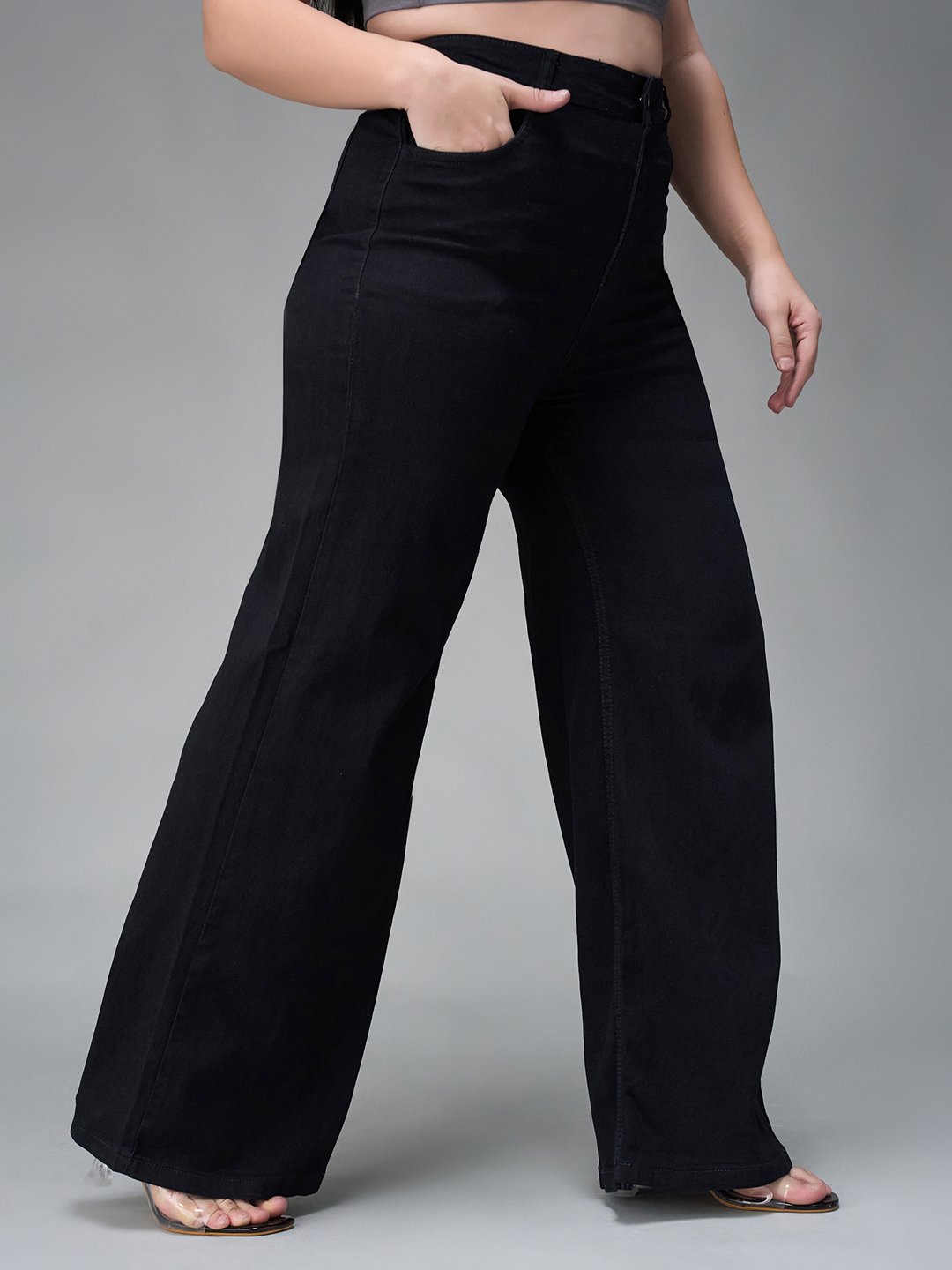 Black Mid-Rise Baggy Wide Leg Jeans