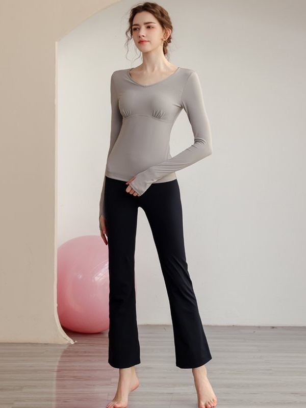 Grey Solid V-Neck Long Sleeve Activewear Top