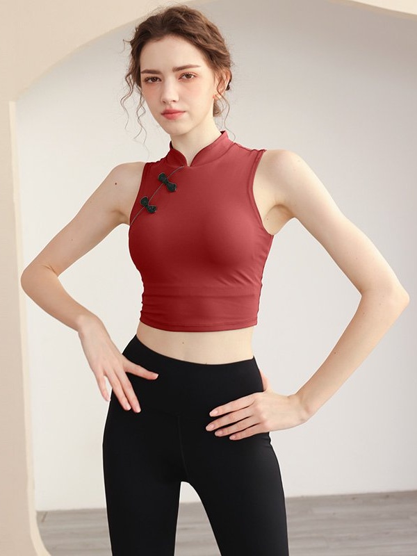Burgundy Solid Cheongsam-Inspired Activewear Top