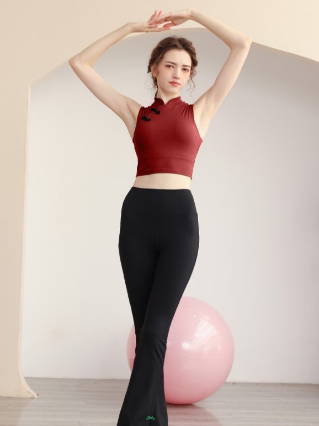 Burgundy Solid Cheongsam-Inspired Activewear Top