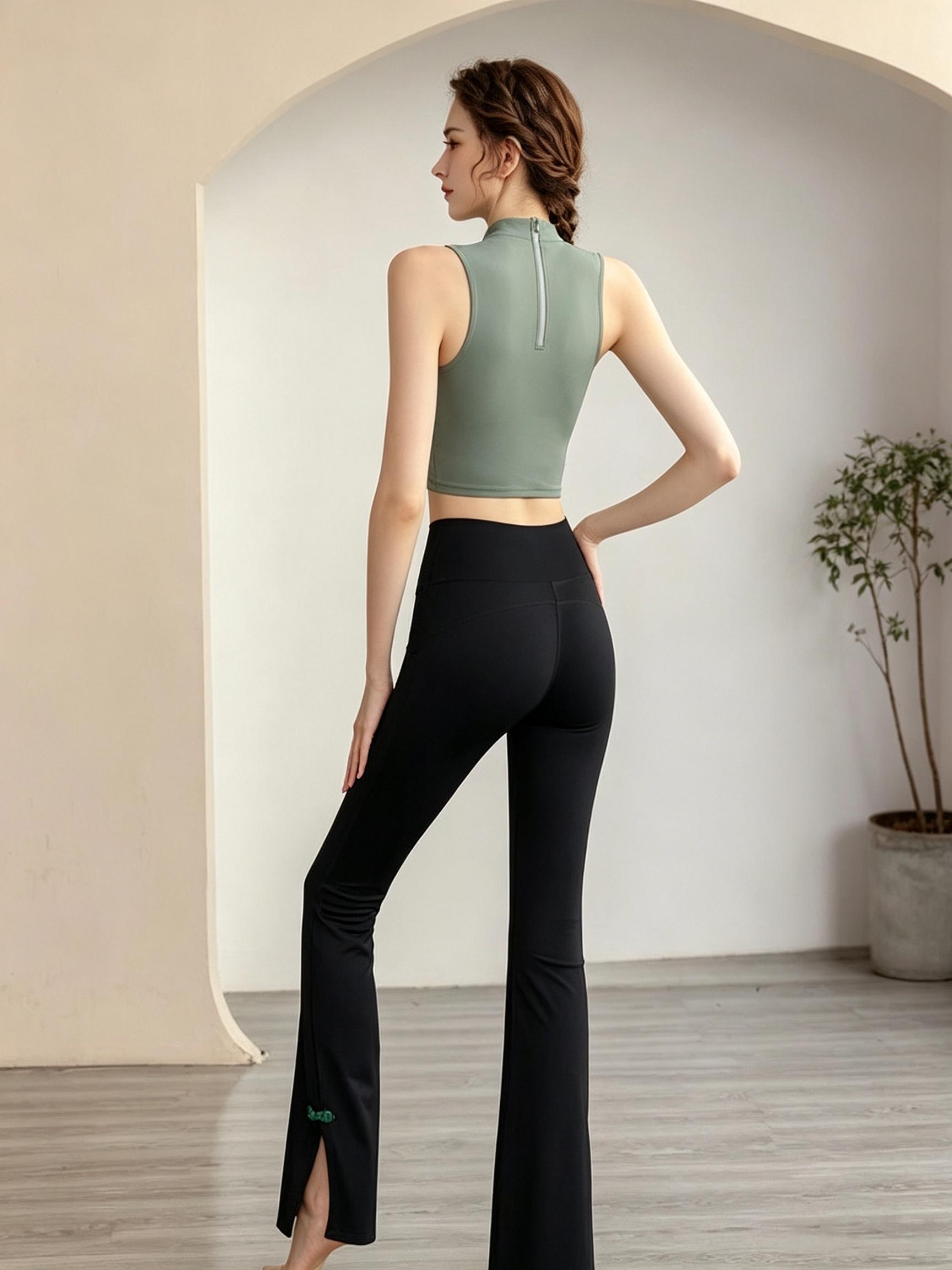 Green Activewear Top with Mandarin Collar
