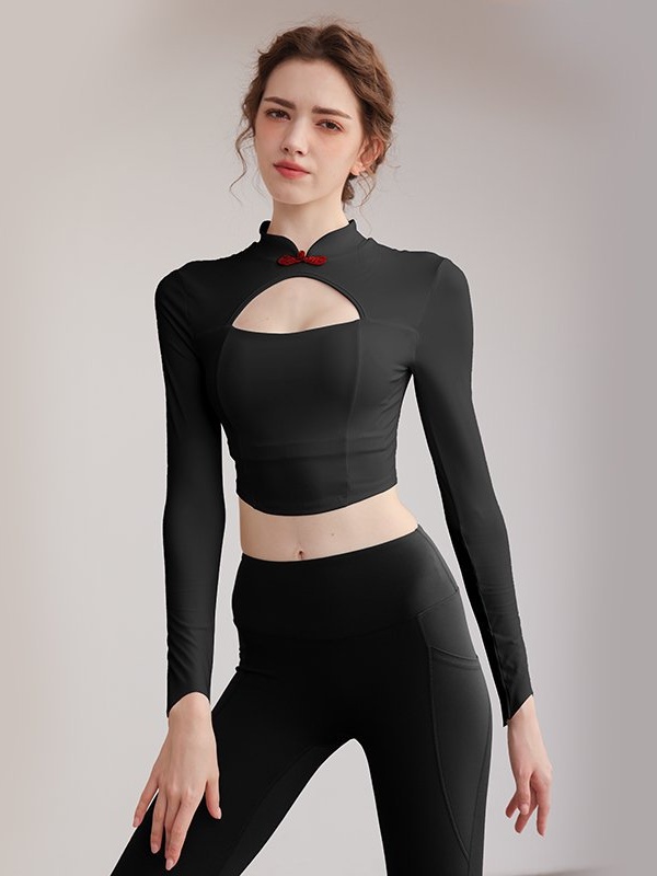 Black Solid High-Neck Cutout Activewear Top
