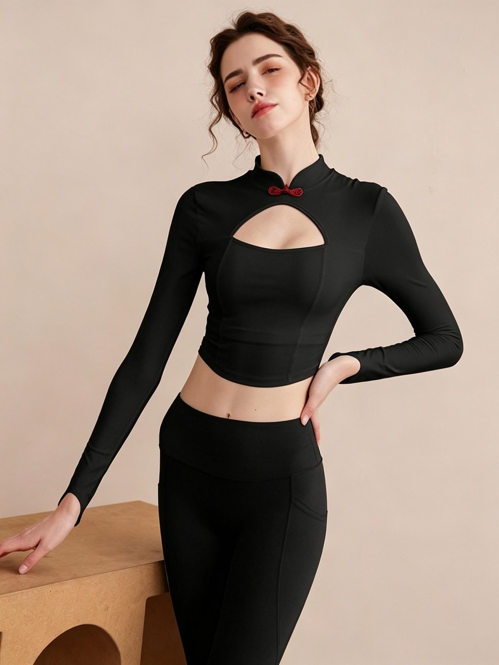 Black Solid High-Neck Cutout Activewear Top