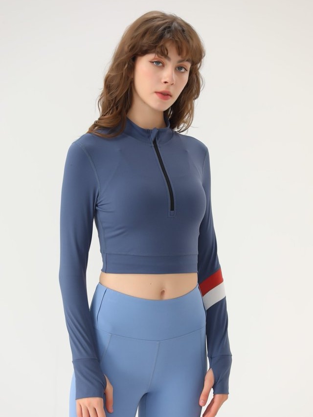 Dark Blue Solid Activewear Crop Top with Half-Zip