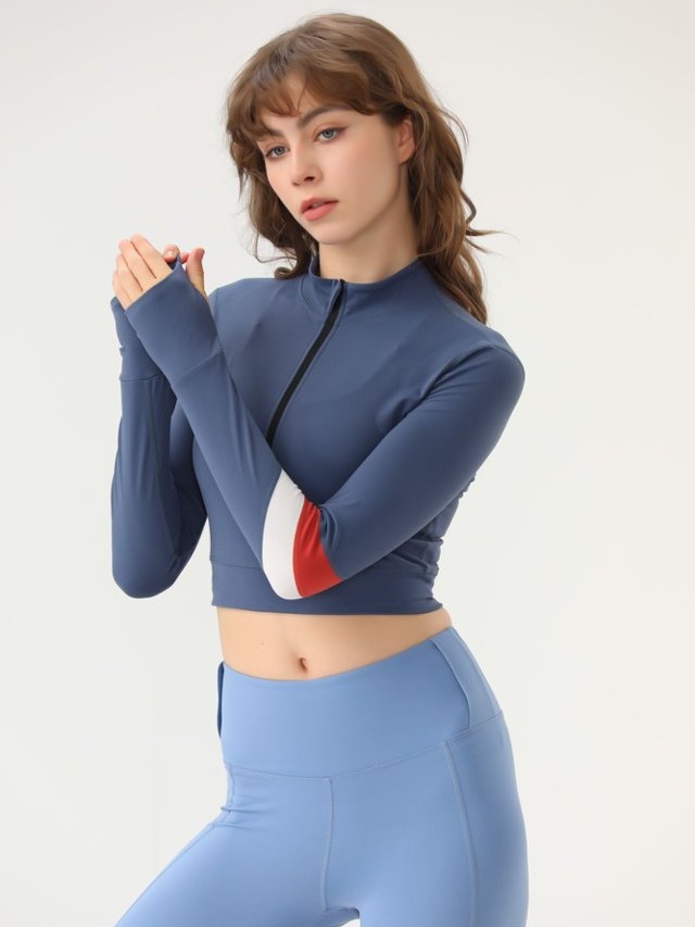 Dark Blue Solid Activewear Crop Top with Half-Zip
