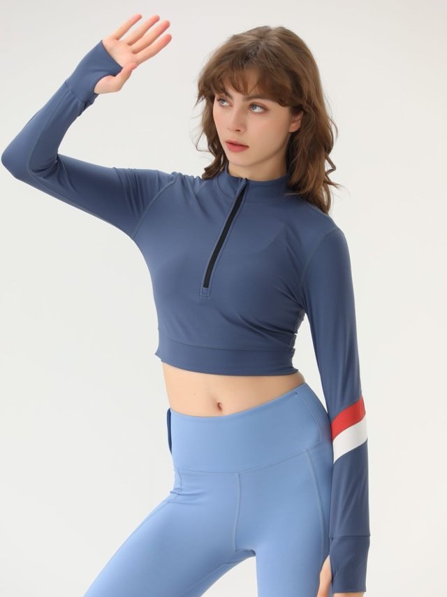 Dark Blue Solid Activewear Crop Top with Half-Zip
