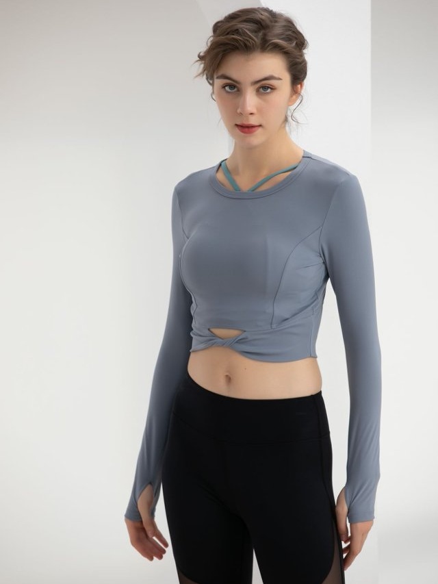 Acid Blue Twisted Hem Long Sleeve Active Top