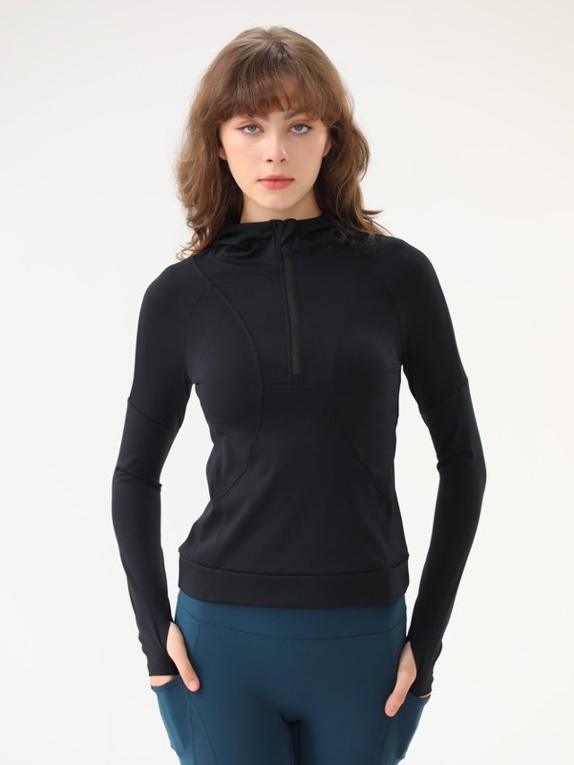 Black Zip-Up Hooded Active Top