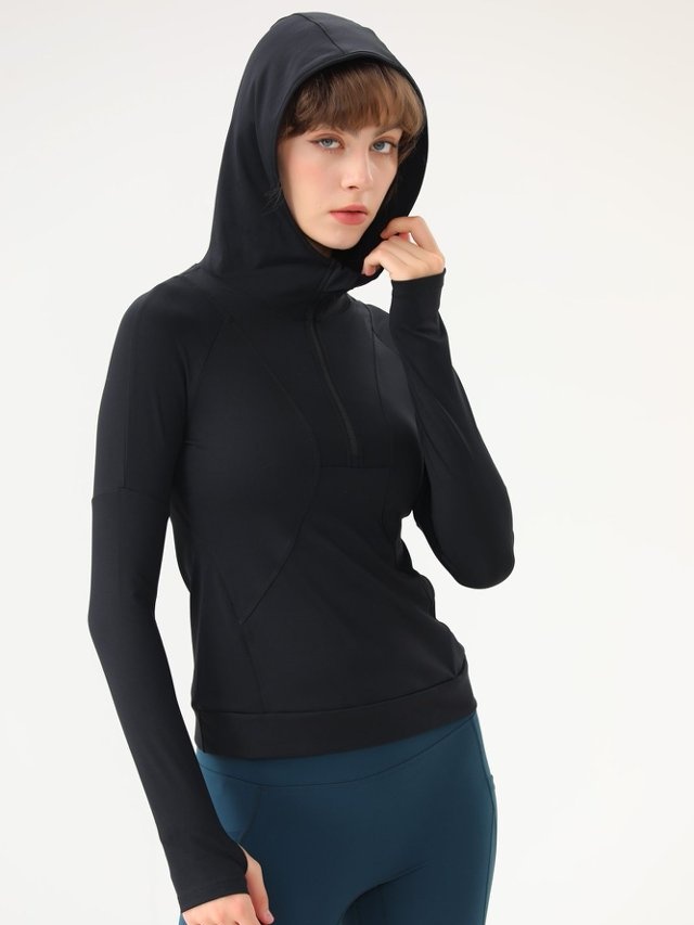 Black Zip-Up Hooded Active Top