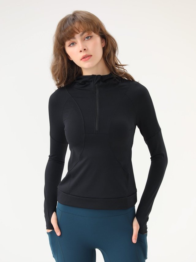 Black Zip-Up Hooded Active Top
