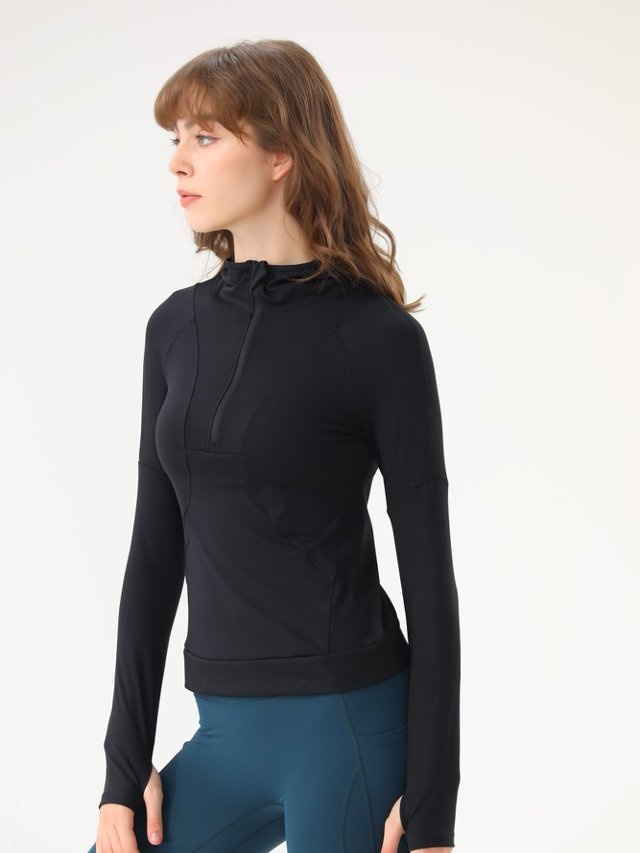 Black Zip-Up Hooded Active Top
