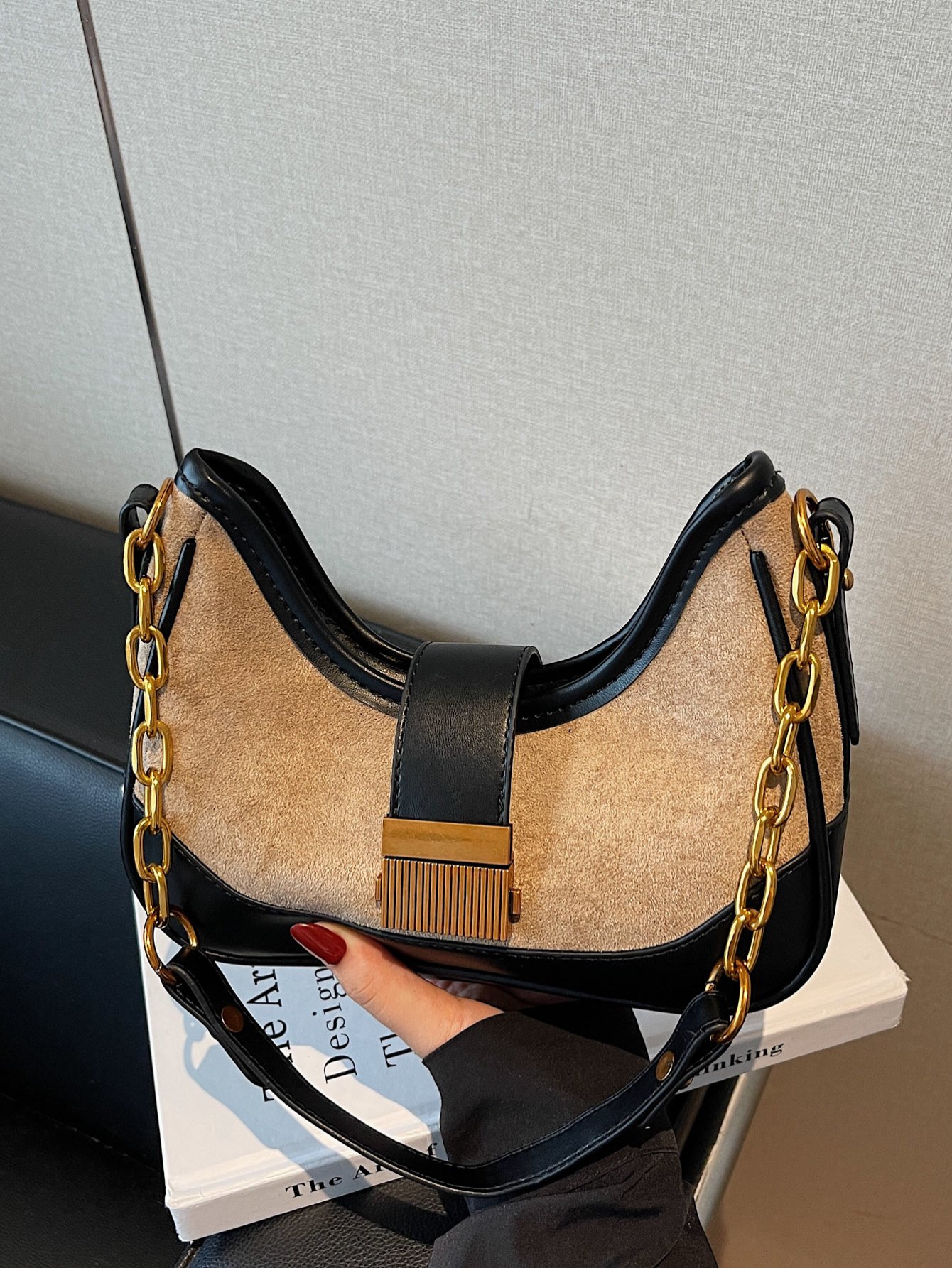 Khaki Color Block Shoulder Bag with Zip