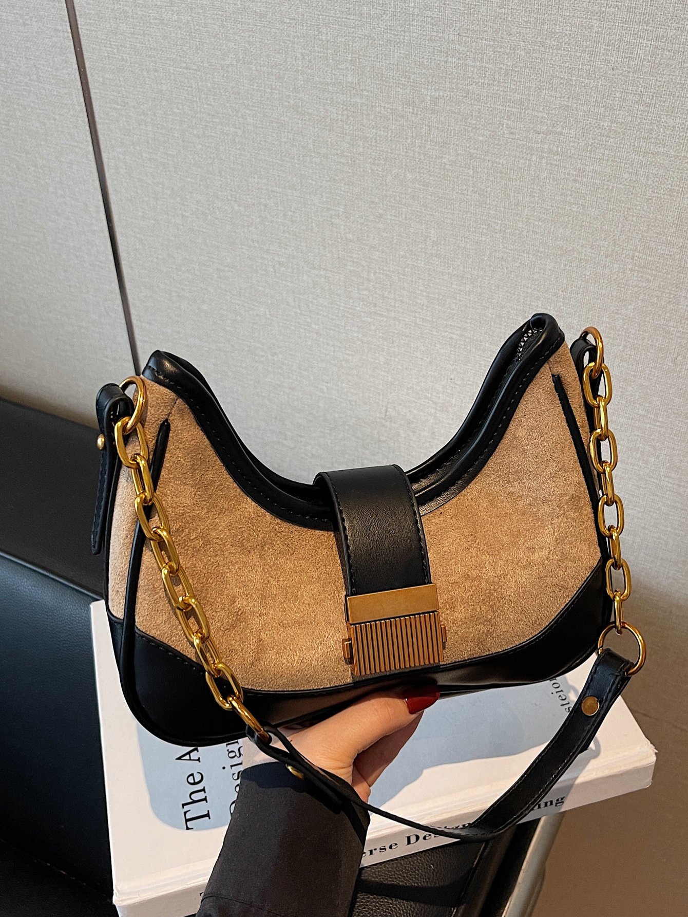 Khaki Color Block Shoulder Bag with Zip