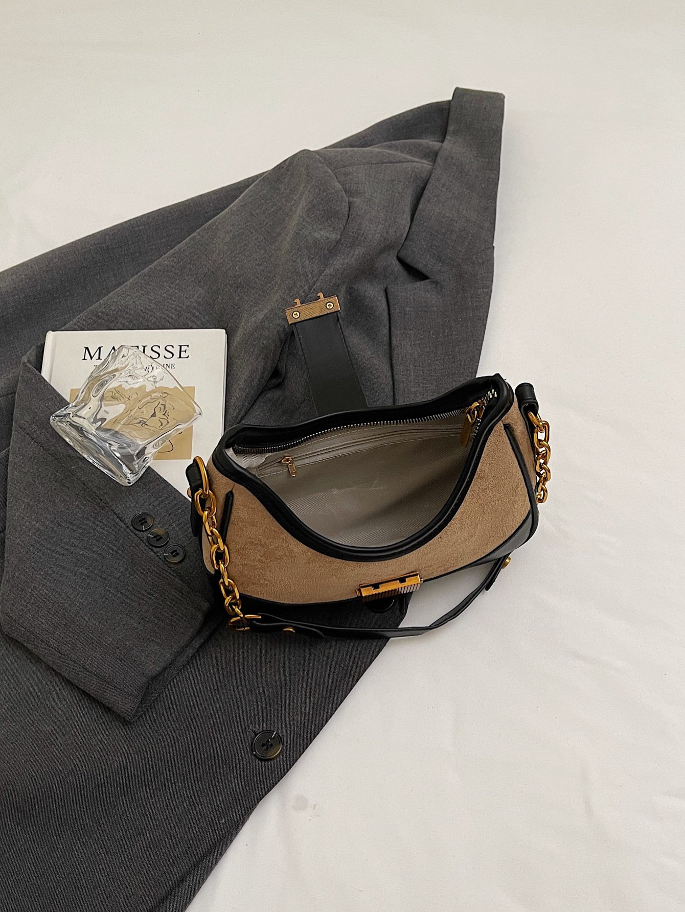 Khaki Color Block Shoulder Bag with Zip