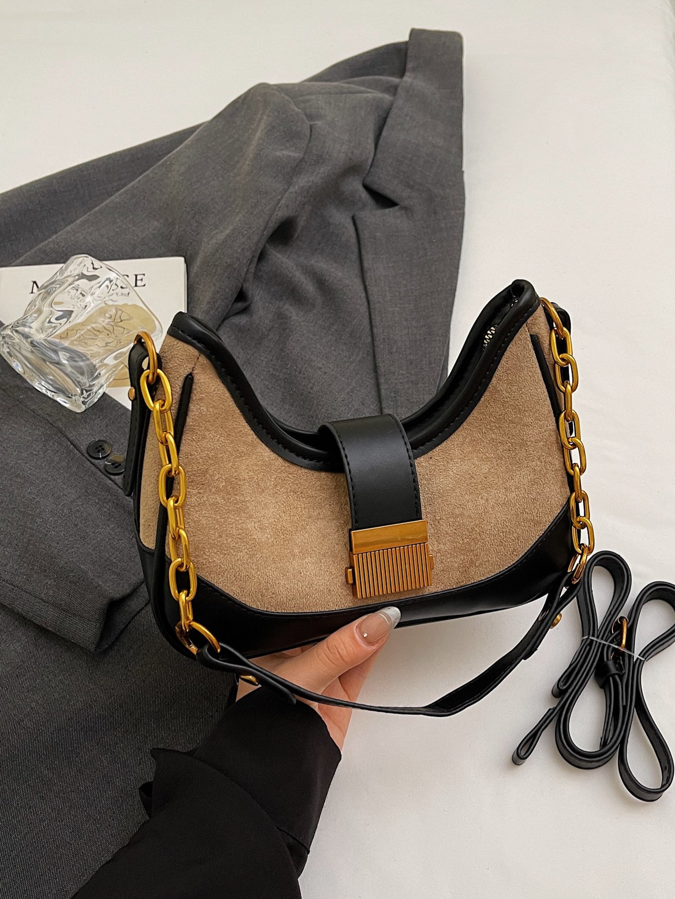 Khaki Color Block Shoulder Bag with Zip