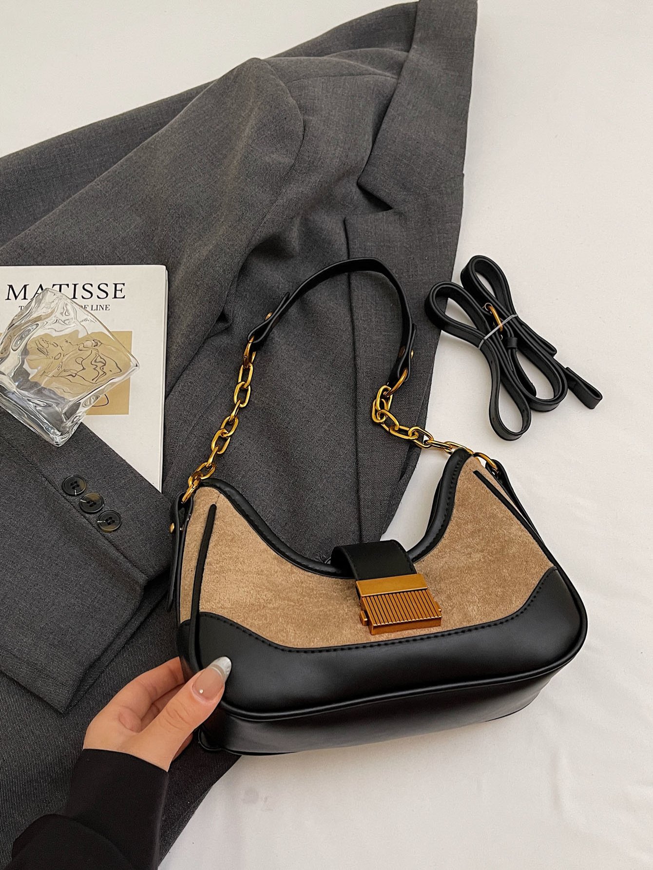 Khaki Color Block Shoulder Bag with Zip