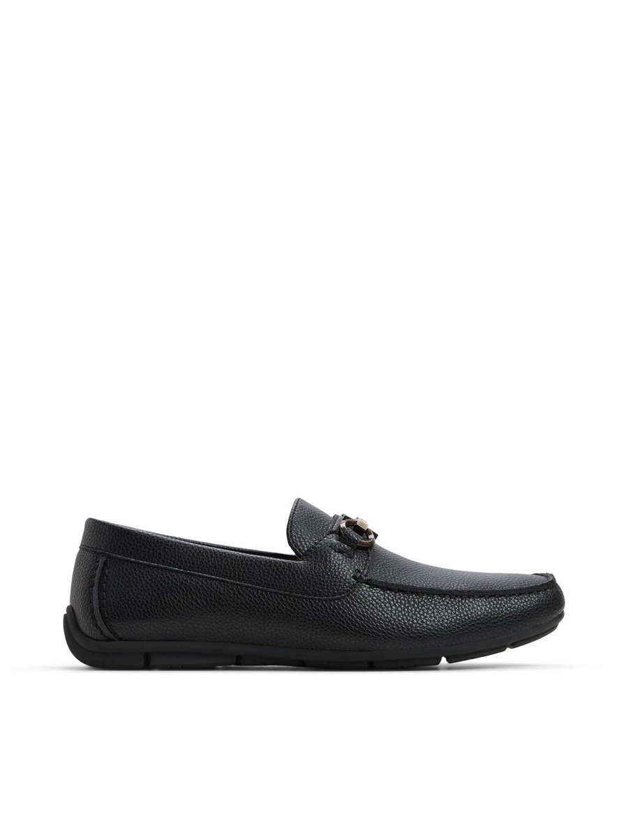 Men Black Textured Loafers with Metal Buckle