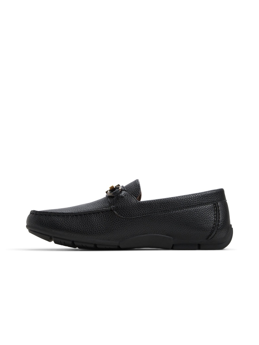 Men Black Textured Loafers with Metal Buckle
